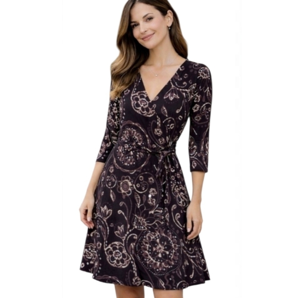 LILY True Wrap Dress Floral V-Neck 3/4 Sleeve M